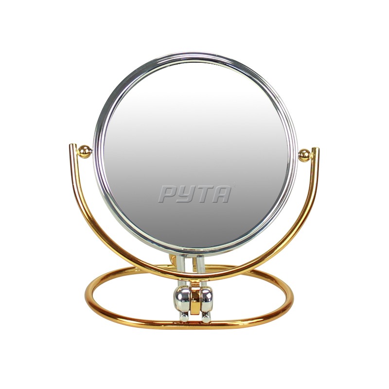 211523 Зеркало круглое двустороннее складное,на золотистой ножке,хромир. оправа (d-135 mm)